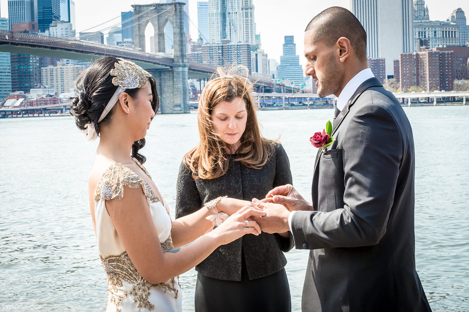Brooklyn Bridge Park wedding. Photos by New York elopement photographer Everly Studios, www.everlystudios.com