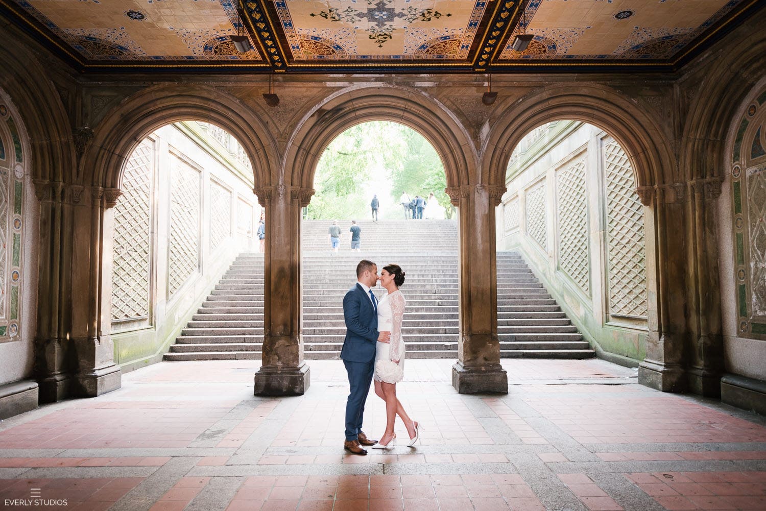 Central Park wedding at Bethesda Terrace. Iconic New York wedding locations with a view. Photo by Brooklyn wedding photographer Everly Studios, www.everlystudios.com