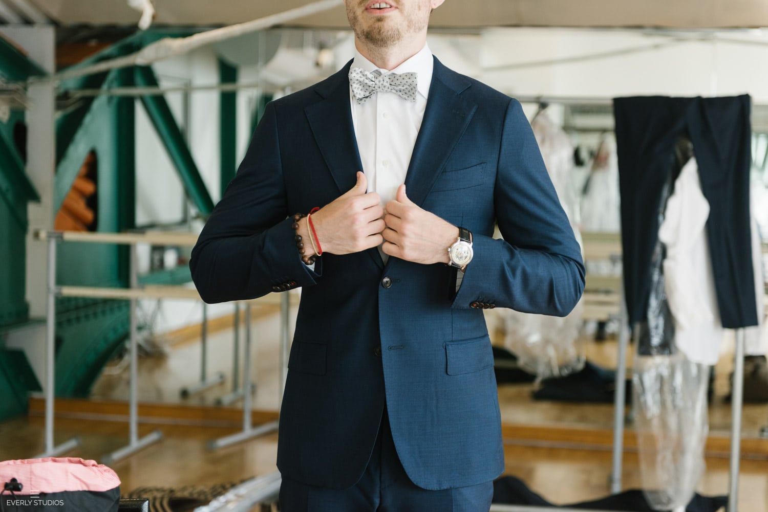 Groom getting ready for his Sunset Terrace wedding at Chelsea Piers in New York City