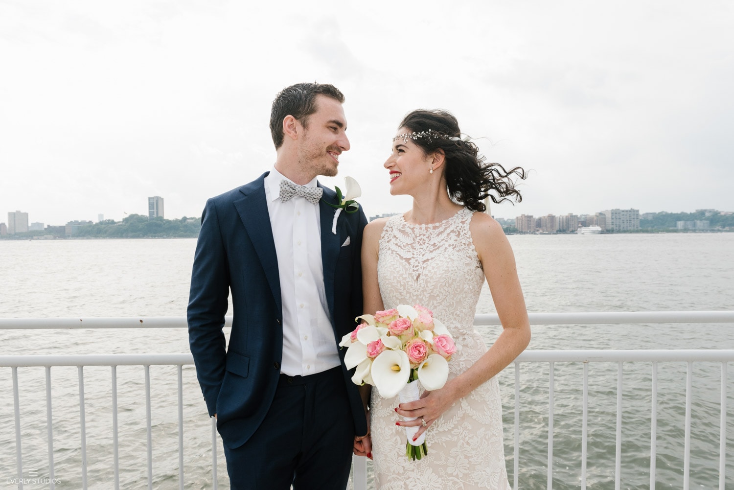 Bride and groom at Chelsea Piers Sunset Terrace wedding on the Hudson River in NYC